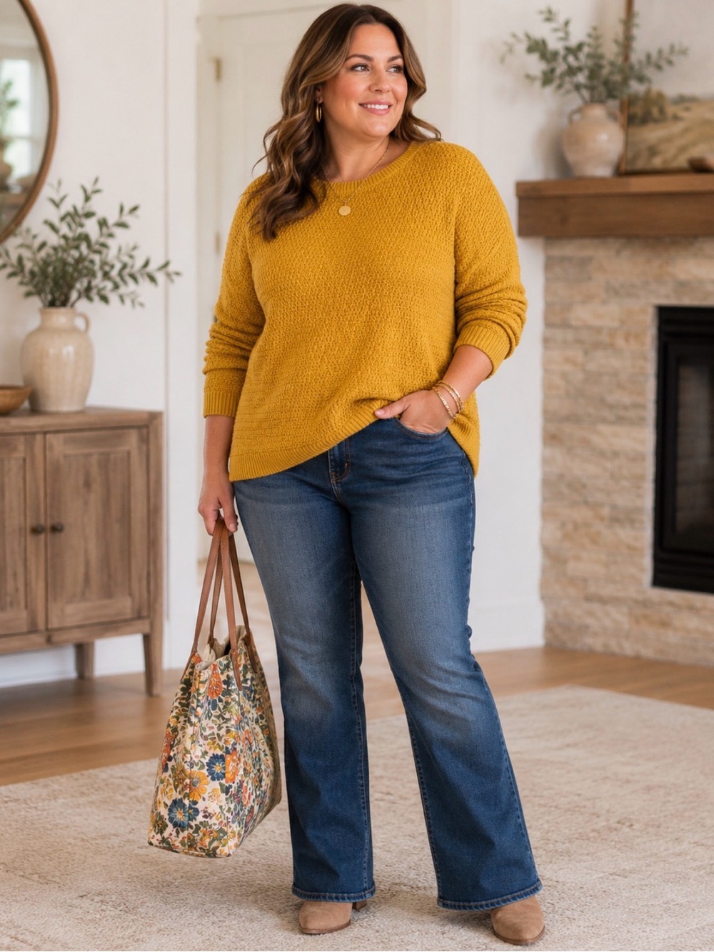 LOFT Women's Mustard Yellow Textured Crewneck Sweater